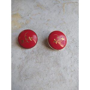 Vintage Red Enamel Clip on Earrings with Oriental Leaf Design Christmas